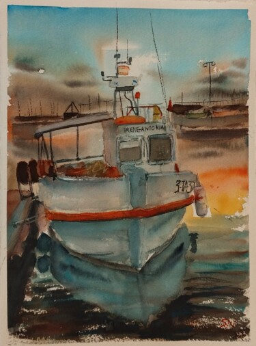 Картина под названием "Fishing boat." - Stoyanka Nikolova, Подлинное произведение искусства, Акварель