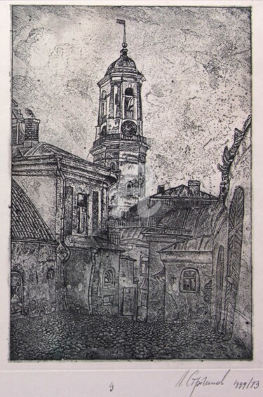 「Old Clock Tower」というタイトルの製版 Leonid Stroganovによって, オリジナルのアートワーク, エッチング