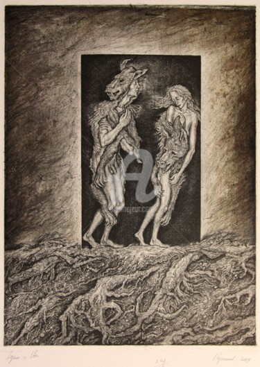 Incisioni, stampe intitolato "Adam and Eve" da Leonid Stroganov, Opera d'arte originale, Acquaforte