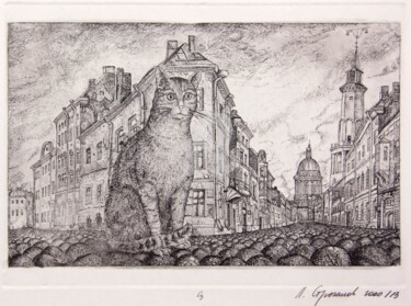 Gravures & estampes intitulée "Cat in St.Peterburg" par Leonid Stroganov, Œuvre d'art originale, Eau-forte