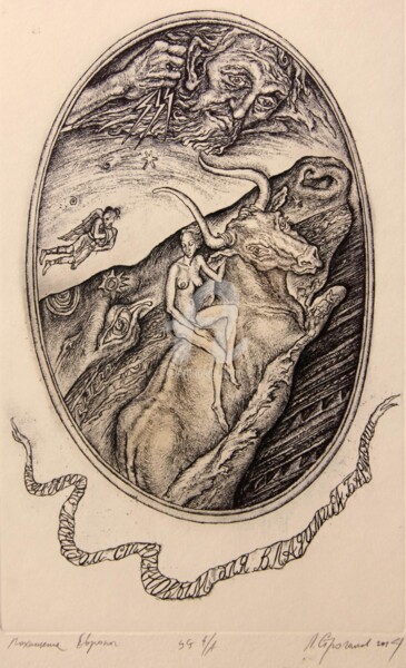 Prenten & gravures getiteld "Abduction of Europe" door Leonid Stroganov, Origineel Kunstwerk, Ets