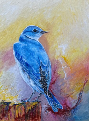 Malerei mit dem Titel "L'oiseau bleu" von Styvens Chalot, Original-Kunstwerk, Öl Auf Keilrahmen aus Holz montiert