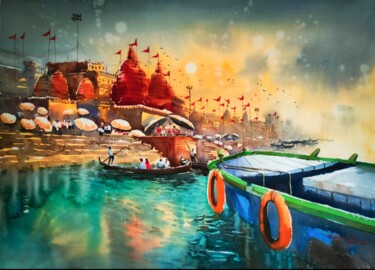 「Varanasi ghat 7」というタイトルの絵画 Subhajit Paulによって, オリジナルのアートワーク, 水彩画
