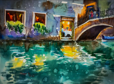Painting titled "An evening in venice" by Subhajit Paul, Original Artwork, Watercolor