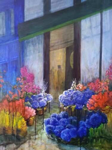 Schilderij getiteld "Le Fleuriste Bleu" door Sue Lorenz, Origineel Kunstwerk, Olie