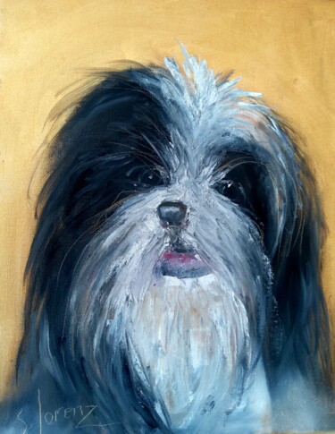 Painting titled "The Wedding Dog" by Sue Lorenz, Original Artwork, Oil Mounted on Wood Stretcher frame