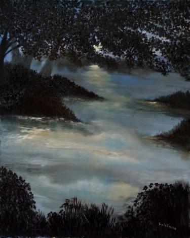 Peinture intitulée "Moonlit-lake.jpg" par Suleiman, Œuvre d'art originale, Huile