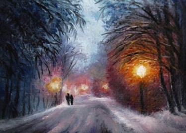 Pittura intitolato "Aceo winter walk oi…" da Natalja Picugina, Opera d'arte originale, Olio