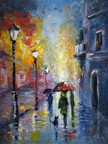 Pittura intitolato "Aceo rainy walk oil…" da Natalja Picugina, Opera d'arte originale, Olio
