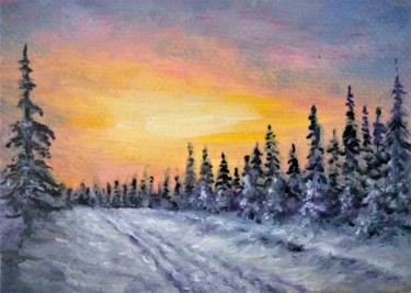 Pittura intitolato "Winter sunset aceo…" da Natalja Picugina, Opera d'arte originale, Olio