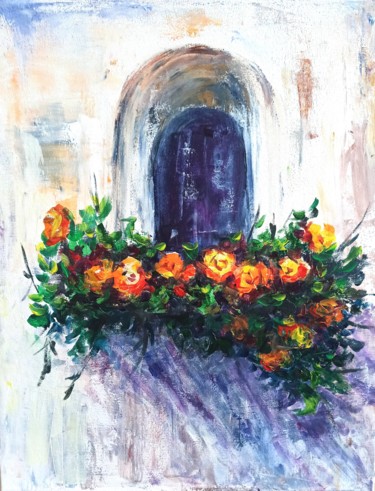 Painting titled "Window balcony rose…" by Natalja Picugina, Original Artwork, Acrylic