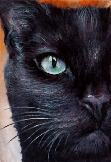 Malerei mit dem Titel "Black Cat portrait…" von Natalja Picugina, Original-Kunstwerk, Aquarell