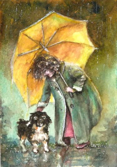 Malerei mit dem Titel "Rainy fun" von Natalja Picugina, Original-Kunstwerk, Aquarell