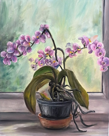 Malerei mit dem Titel "Orchid flower on th…" von Natalja Picugina, Original-Kunstwerk, Öl