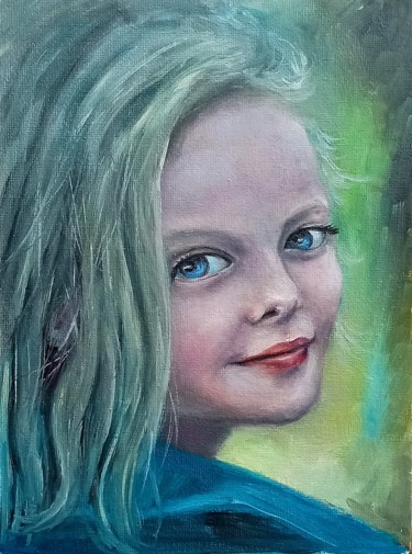 Malarstwo zatytułowany „Happy girl portrait…” autorstwa Natalja Picugina, Oryginalna praca, Olej