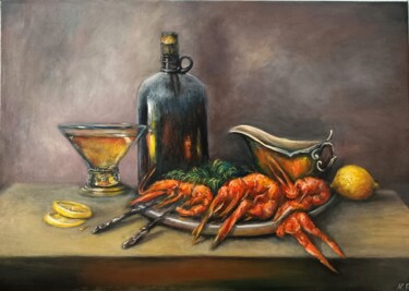 Malerei mit dem Titel "Wine and red crayfi…" von Natalja Picugina, Original-Kunstwerk, Öl