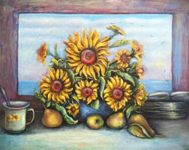 Pintura intitulada "Sunflowers and pears" por Natalja Picugina, Obras de arte originais, Óleo