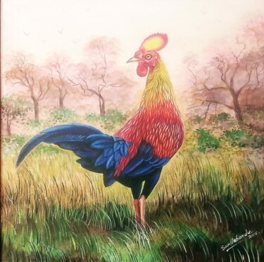 Schilderij getiteld "Vibrant Rooster" door Sunilabandu Perera, Origineel Kunstwerk, Acryl