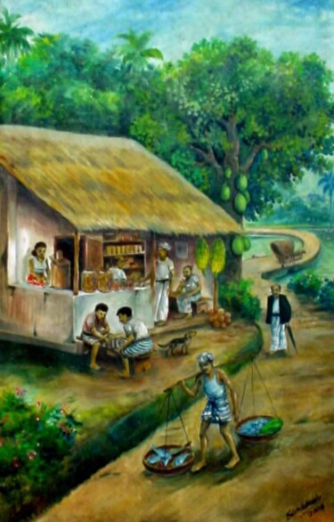 Malarstwo zatytułowany „Life in the Village” autorstwa Sunilabandu Perera, Oryginalna praca, Akryl