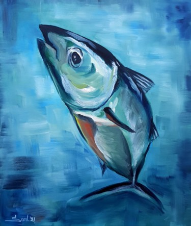 Ζωγραφική με τίτλο "Fish in blue" από Suntola, Αυθεντικά έργα τέχνης, Λάδι