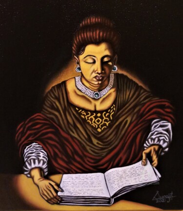 Schilderij getiteld "Lady Reading A Book" door Surajit Purkait, Origineel Kunstwerk, Olie Gemonteerd op Frame voor houten br…