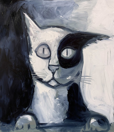 "Le grand chat blanc" başlıklı Tablo Michel Suret-Canale tarafından, Orijinal sanat, Petrol