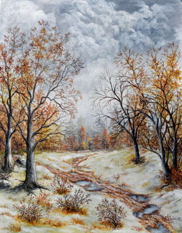 Pittura intitolato "Première neige." da Gérard Jéhin, Opera d'arte originale, Olio