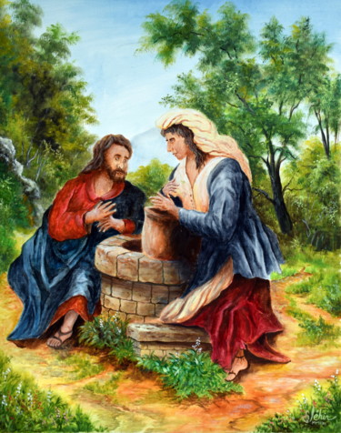 Malerei mit dem Titel "Jésus et la Samarit…" von Gérard Jéhin, Original-Kunstwerk, Öl