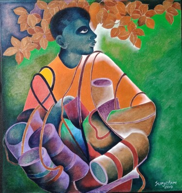 Peinture intitulée "Bag Seller" par Surjit Akre, Œuvre d'art originale, Huile