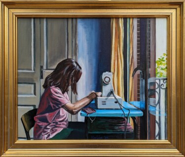 Painting titled "Girl With Sewing Ma…" by Karlijn Surminski, Original Artwork, Acrylic Mounted on Wood Stretcher frame