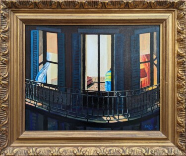 Painting titled "Night Windows" by Karlijn Surminski, Original Artwork, Acrylic Mounted on Wood Stretcher frame