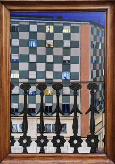 Painting titled "Chess" by Karlijn Surminski, Original Artwork, Oil Mounted on Wood Stretcher frame