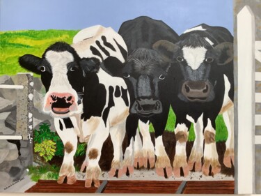"Young cows at a cat…" başlıklı Tablo Susan J Green tarafından, Orijinal sanat, Akrilik Ahşap Sedye çerçevesi üzerine monte…