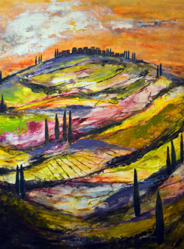 Pintura titulada "Sunset hilltop vill…" por Susan Monk, Obra de arte original, Acrílico