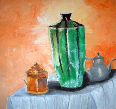 Painting titled "77 vase vert" by Suzanne Leseve, Original Artwork, Oil