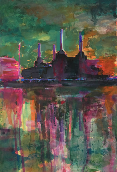 Painting titled "Battersea- green sky" by Suzsi Corio, Original Artwork, Watercolor