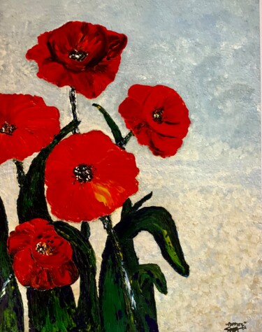 Painting titled "Poppies" by Suzy Martin, Original Artwork, Acrylic Mounted on Other rigid panel