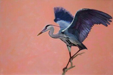 Painting titled "Gray Heron" by Sophius, Original Artwork, Acrylic Mounted on Wood Stretcher frame