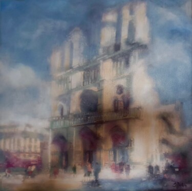 Painting titled "Notre Dame's Mystic…" by Svetlana Bellon, Original Artwork, Oil Mounted on Wood Stretcher frame