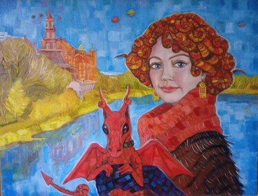 Painting titled "Прогулки с любимцем…" by Svetlana Chunikhina, Original Artwork, Oil Mounted on Wood Stretcher frame