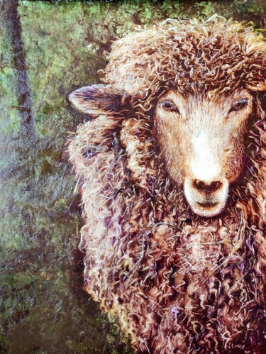 Painting titled "Dolly the Sheep" by Svetlana Dushina, Original Artwork, Oil Mounted on Cardboard