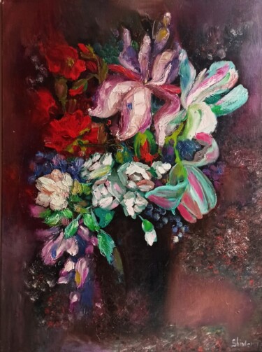 Painting titled "Flowers" by Svetlana Sindere, Original Artwork, Oil Mounted on Wood Stretcher frame