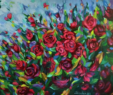Painting titled "Roses Original Oil…" by Svetlana Sindere, Original Artwork, Oil Mounted on Wood Stretcher frame