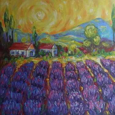 Pintura intitulada "Lavender Landscape,…" por Svetlana Sindere, Obras de arte originais, Óleo Montado em Armação em madeira