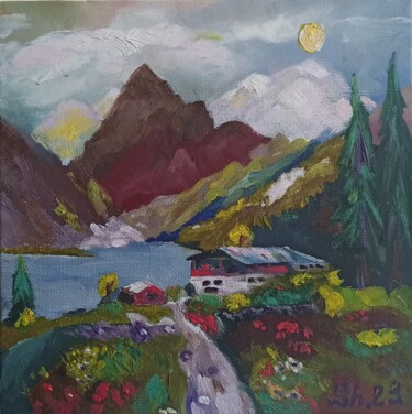 Painting titled "Mountain landscape…" by Svetlana Sindere, Original Artwork, Oil Mounted on Cardboard