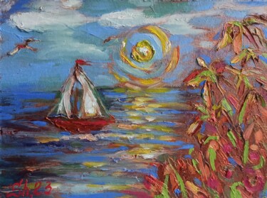 Painting titled "Sailboat Seascape S…" by Svetlana Sindere, Original Artwork, Oil Mounted on Cardboard