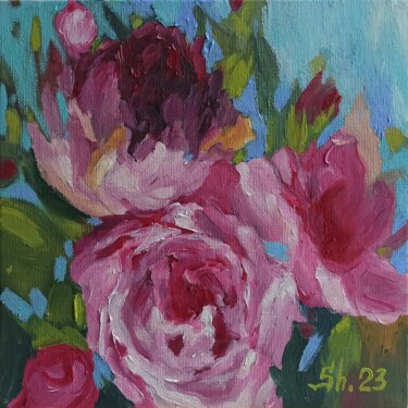 Pintura intitulada "Roses Peonies Delic…" por Svetlana Sindere, Obras de arte originais, Óleo Montado em Cartão