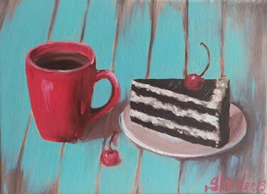 Painting titled "Сake Food Cup of Сo…" by Svetlana Sindere, Original Artwork, Oil Mounted on Wood Stretcher frame