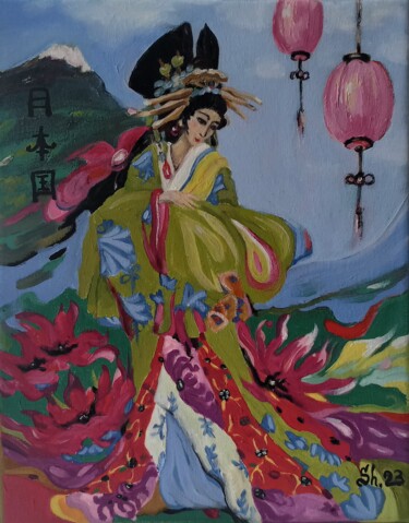 Painting titled "Japan Painting Woma…" by Svetlana Sindere, Original Artwork, Oil Mounted on Wood Stretcher frame