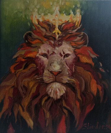 Painting titled "Lion Painting Lion…" by Svetlana Sindere, Original Artwork, Oil Mounted on Wood Stretcher frame